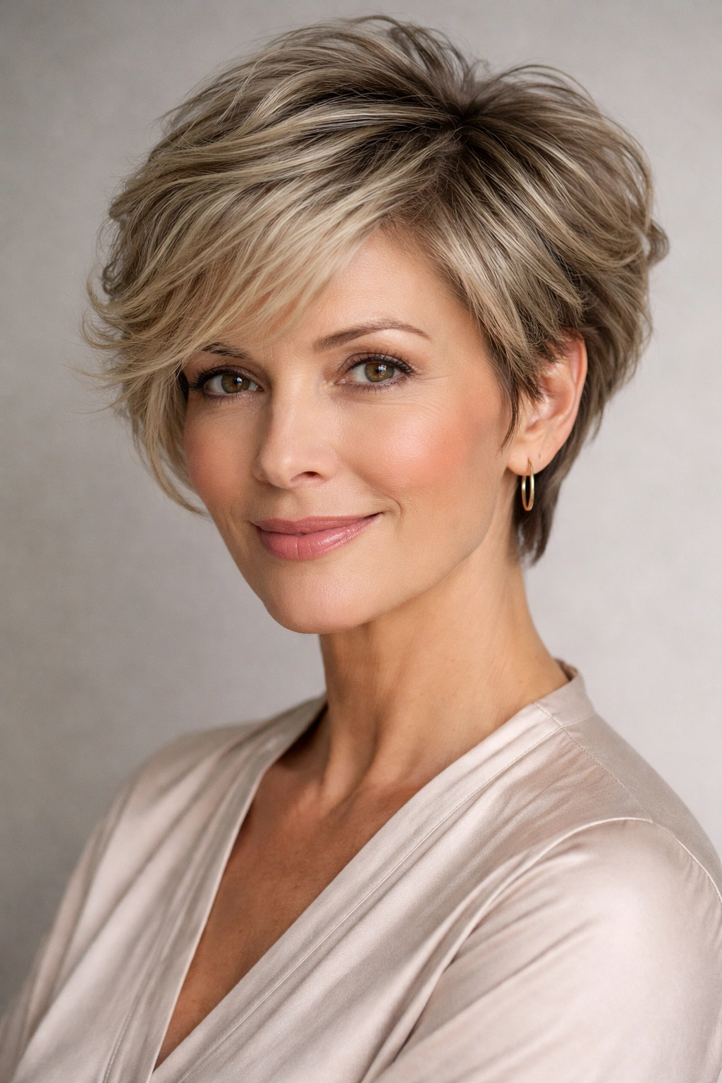 20 Volume Boosting Hairstyles For Older Women 19 Close-up of a model with a voluminous Wavy Pixie-Bob Hybrid hairstyle featuring a textured crown and longer sides.