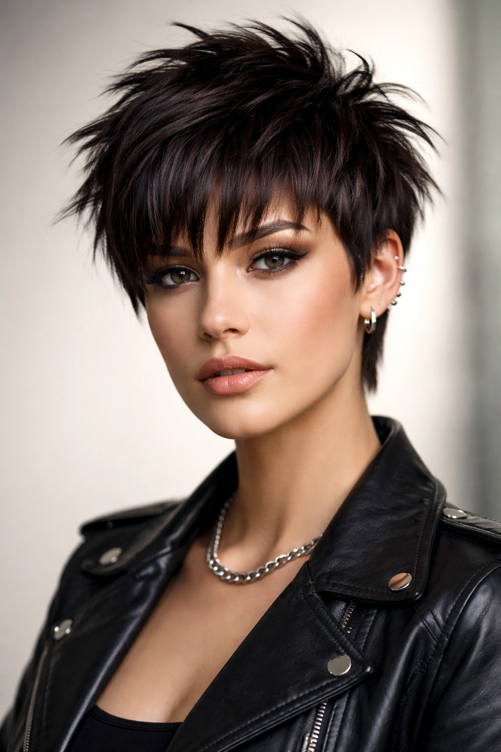 Pixie with bold choppy bangs and disconnected layers close-up
