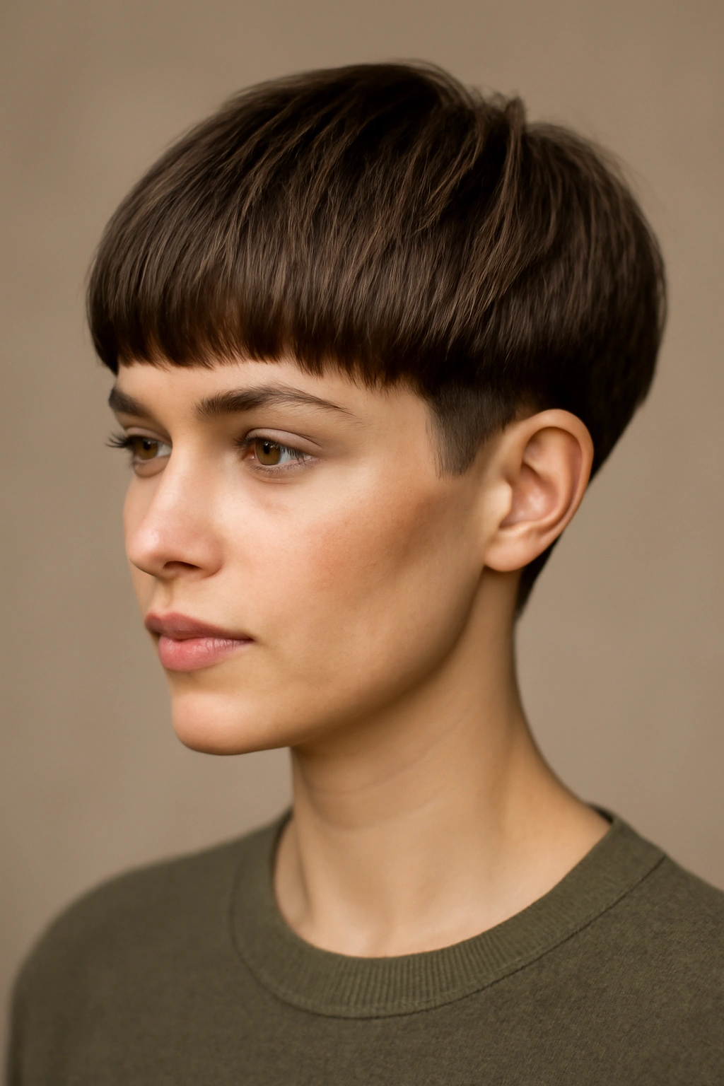 10 Modern Bowl Cuts Women Are Actually Getting 10 Portrait of a person with a curved pixie-bowl blend haircut