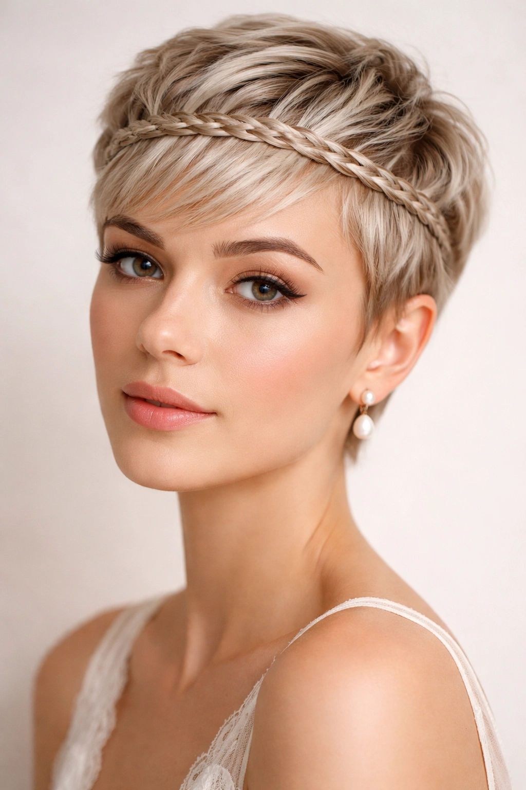 Pixie cut with a slim braid across the crown