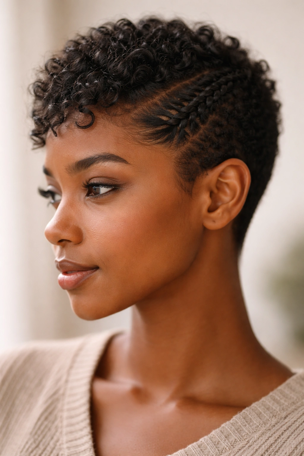 25 Short Braid Styles To Bookmark For Your Stylist 1 Close-up of a pixie braid on short textured hair near the temple