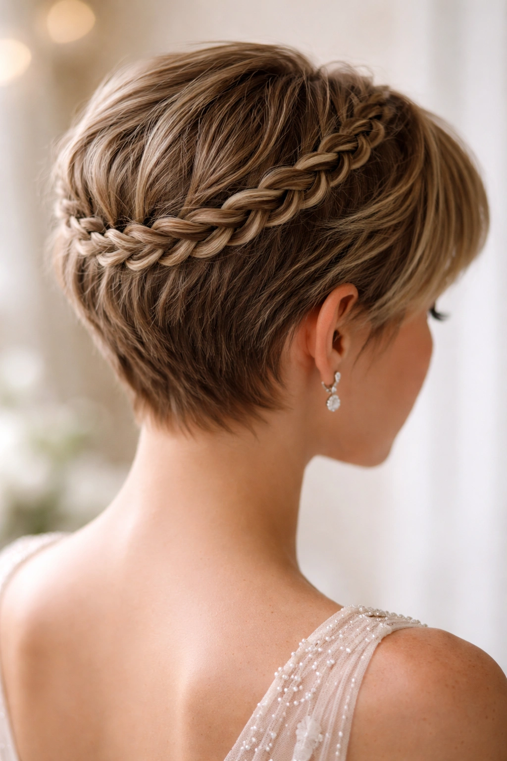 Very short hair with thin Dutch braids along the crown and back