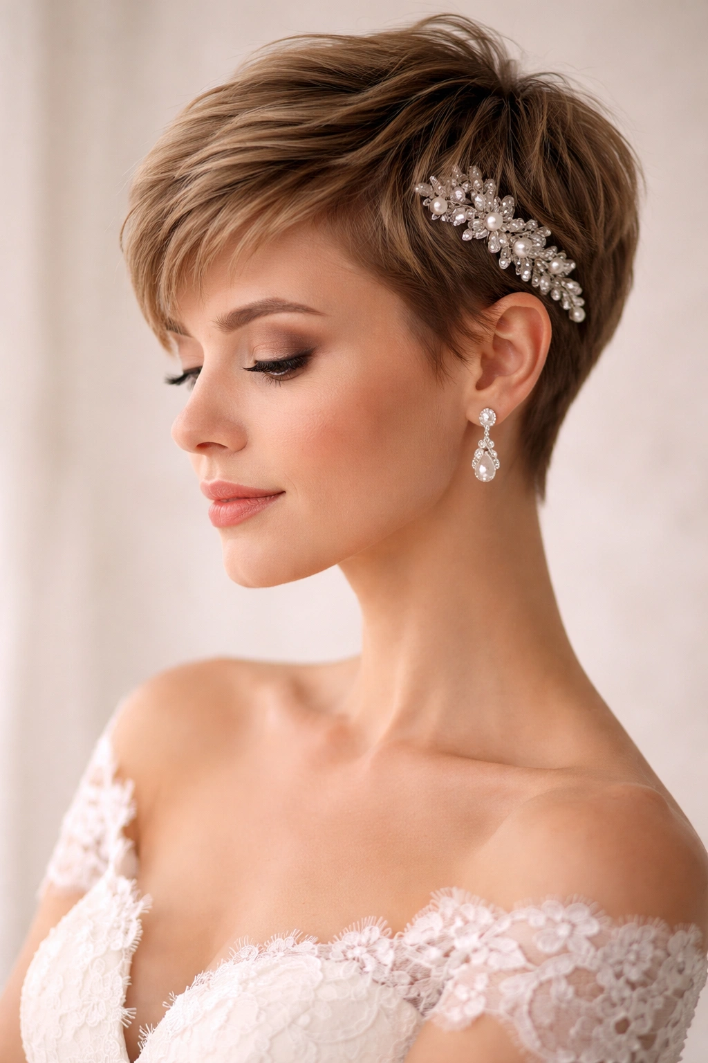 Bride with pixie cut and crystal hair accessory in soft studio lighting