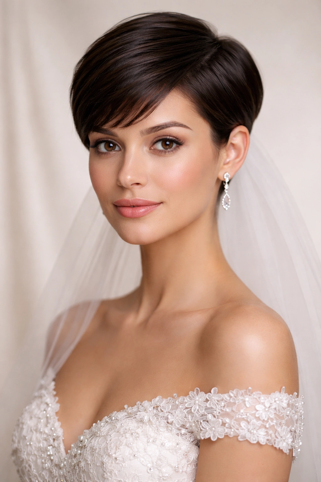 Close-up of a bridal sleek pixie cut with smooth, polished styling