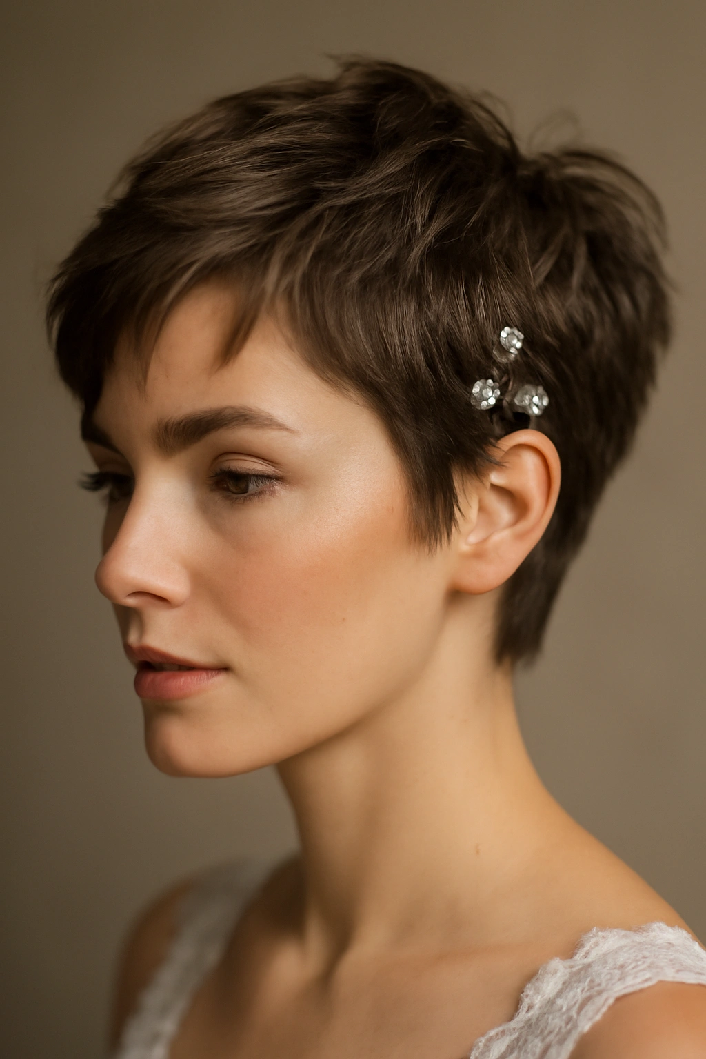 15 Wedding Hairstyles That Suit Short-Haired Brides 1 Close-up of a textured pixie with subtle layers and rhinestone embellishments