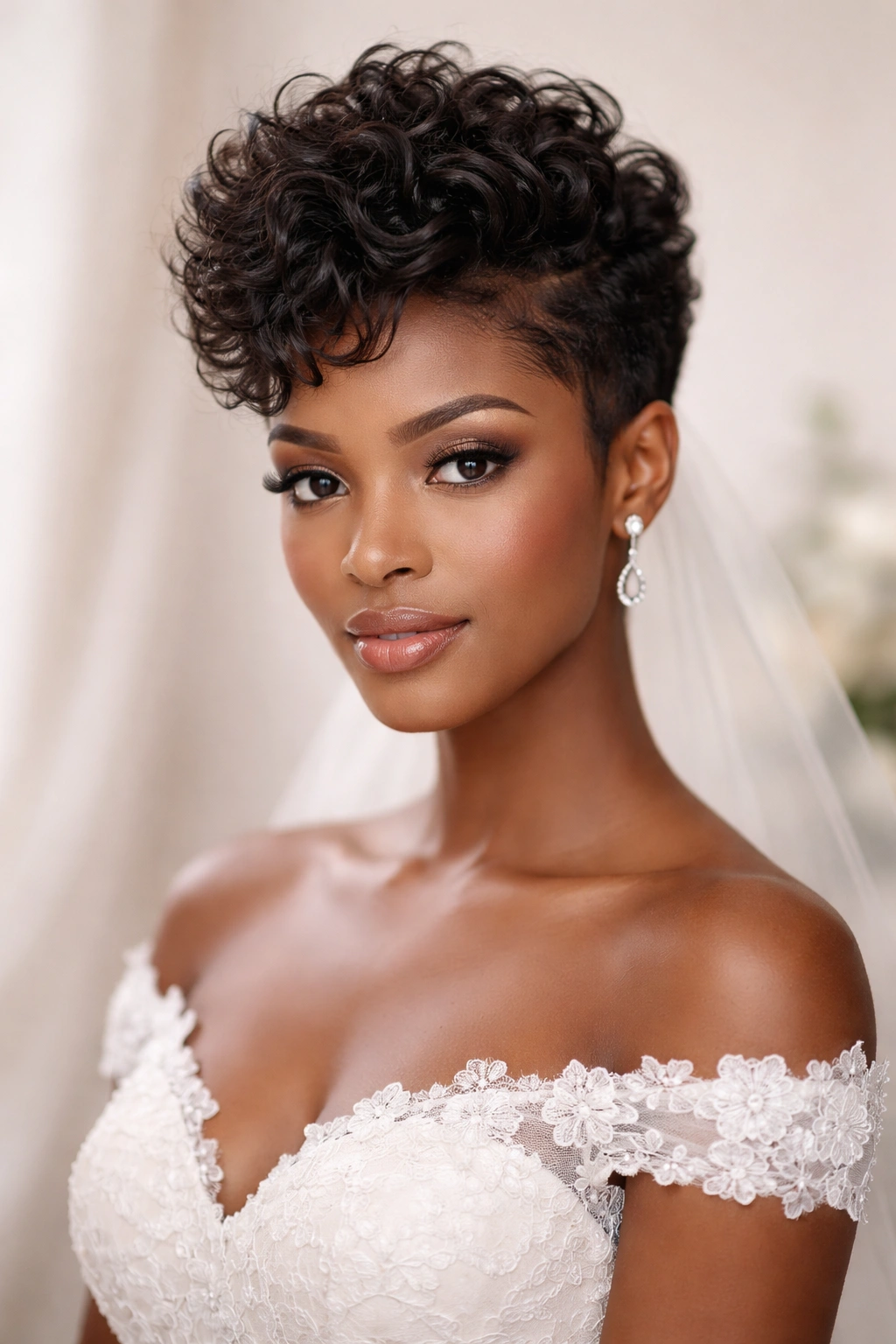 Bride with voluminous textured pixie cut showing curls and tapered sides