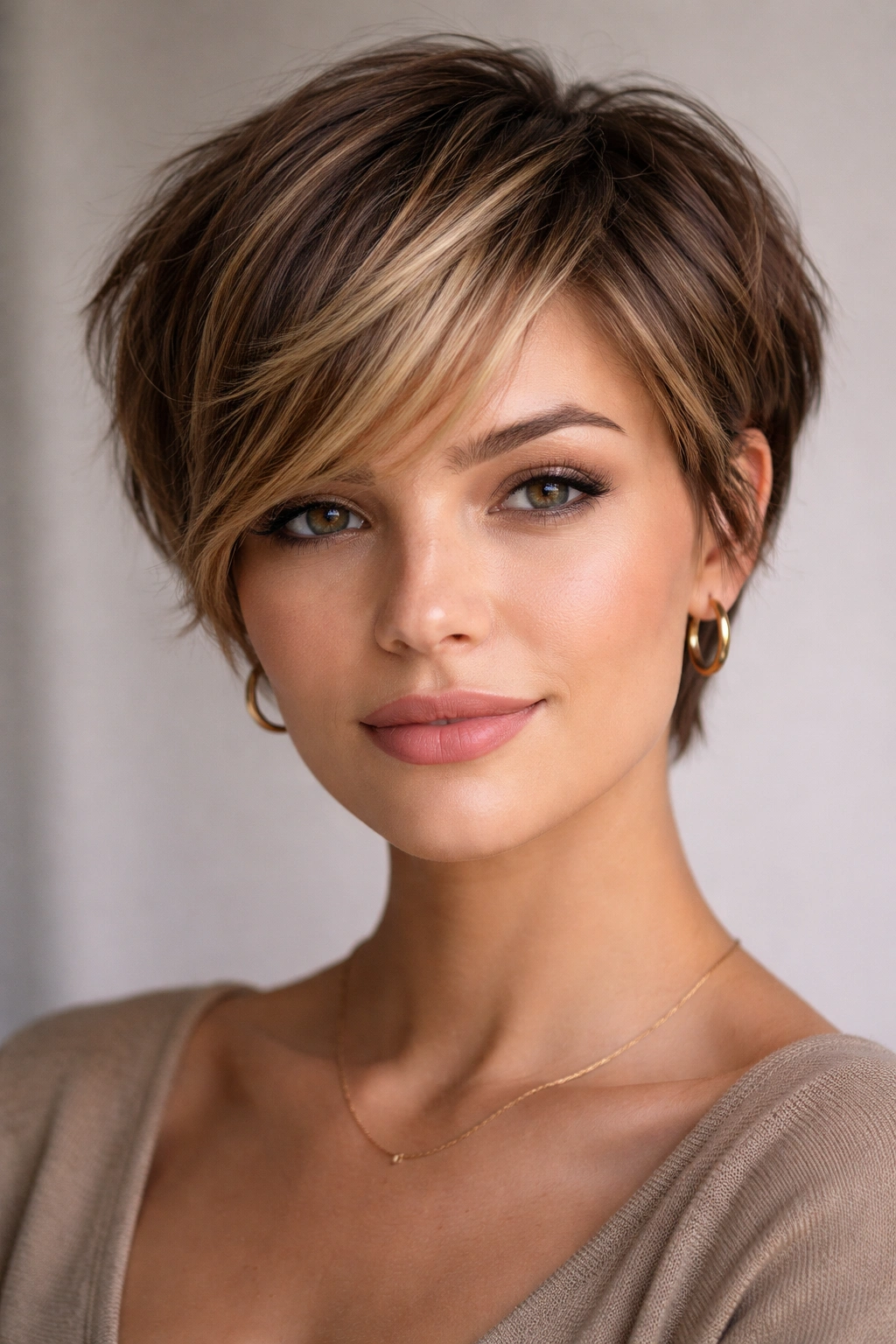 Close-up of layered pixie with bronde money piece for dimensional warmth.