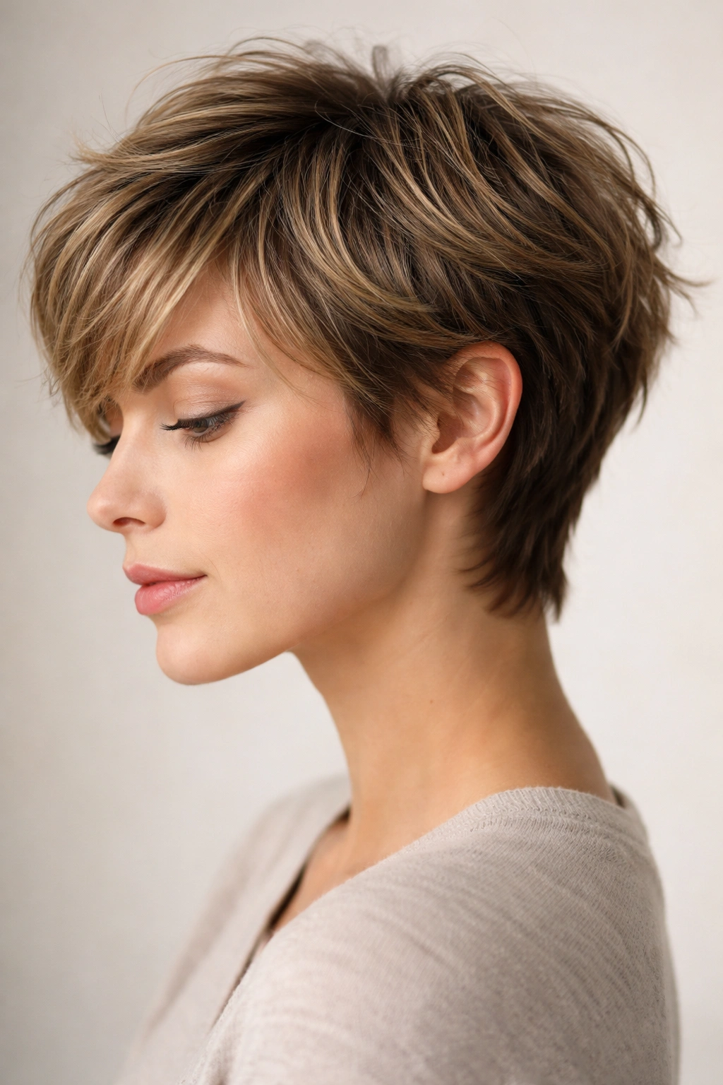 15 Versatile Long Pixie Cuts For Everyday Wear 7 Close-up of a grown-out pixie with choppy texture and layered volume