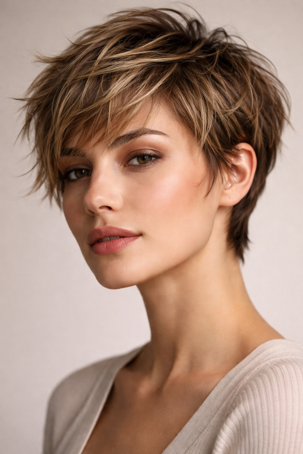 Close-up portrait of a choppy pixie with tousled texture around jawline