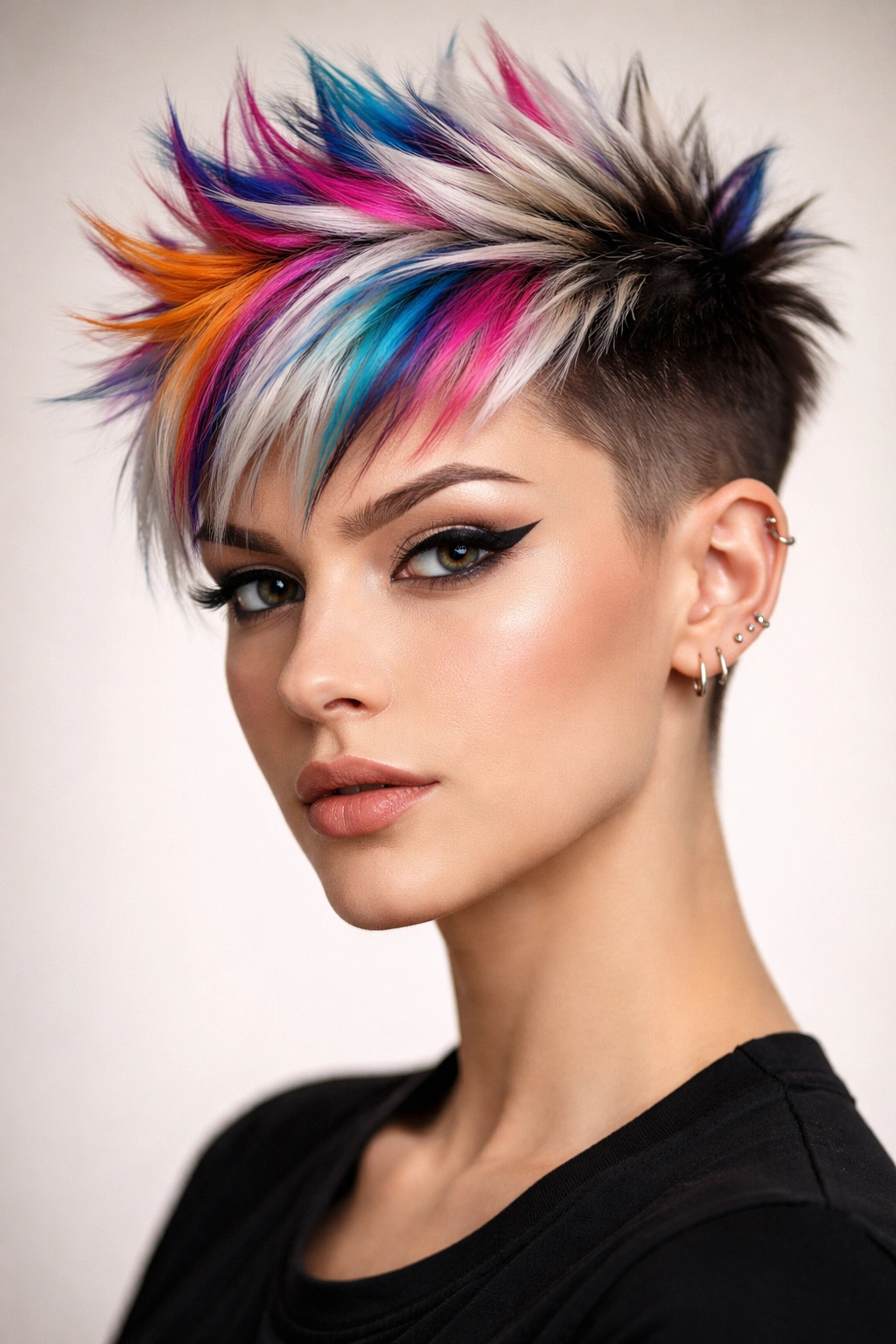 10 Funky Short Haircuts For Women Who Love Edge 8 Front-facing pixie with color blocks in a studio setting