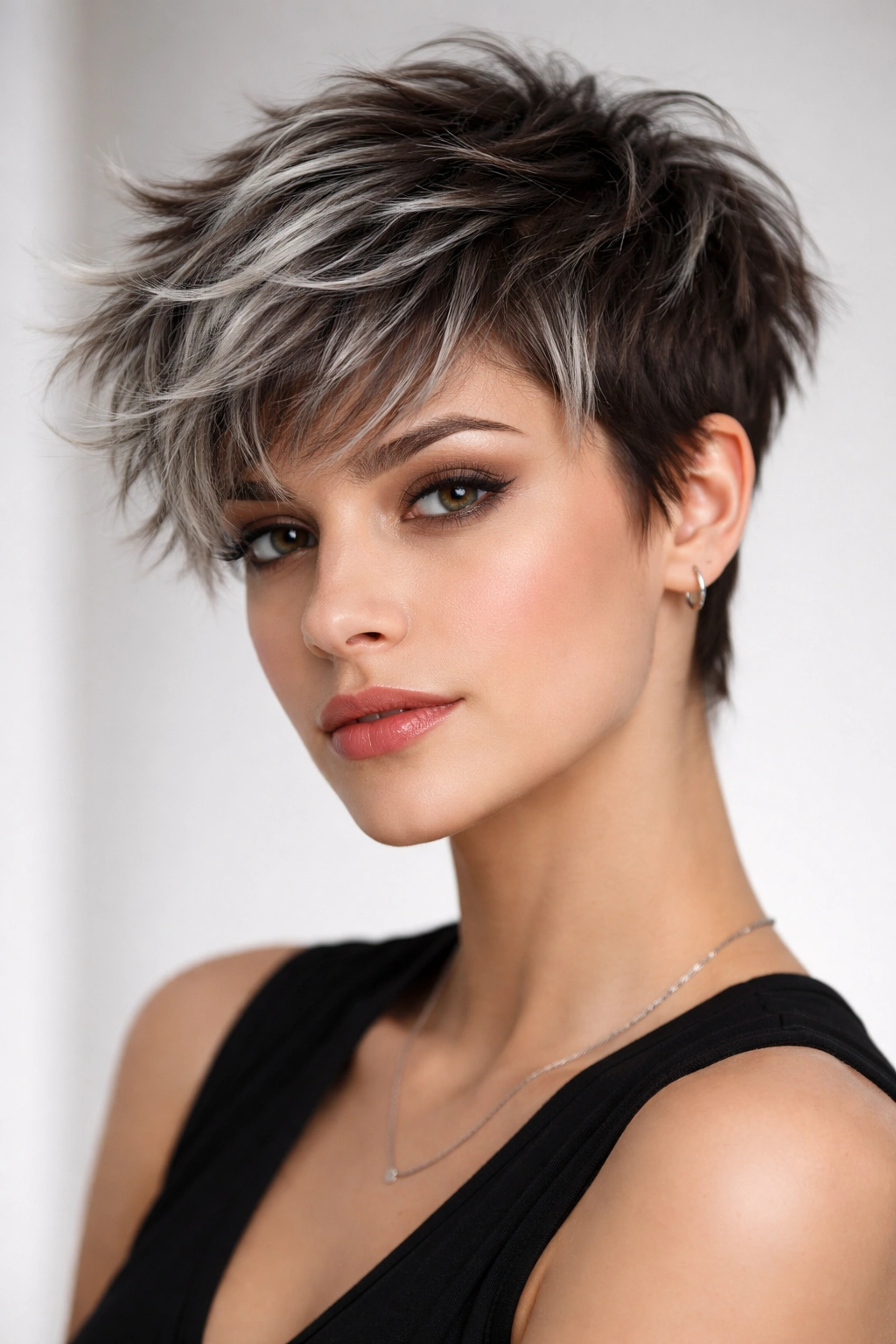 10 Short Haircuts Accented With Soft Gray Highlights 8 Close-up of a tousled pixie with frosted gray tips on the ends.