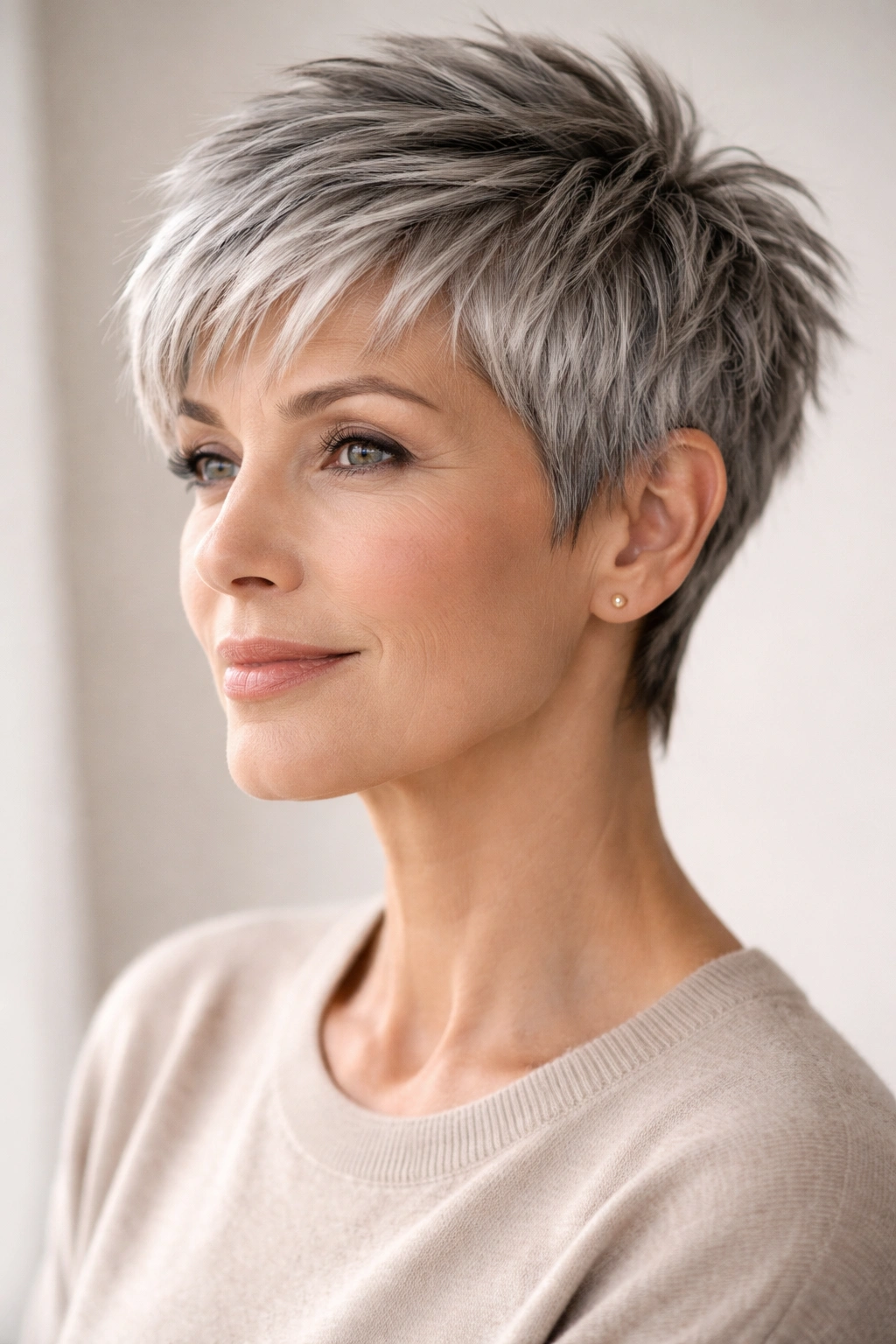Close-up of a silver-gray choppy pixie cut showing textured layers.