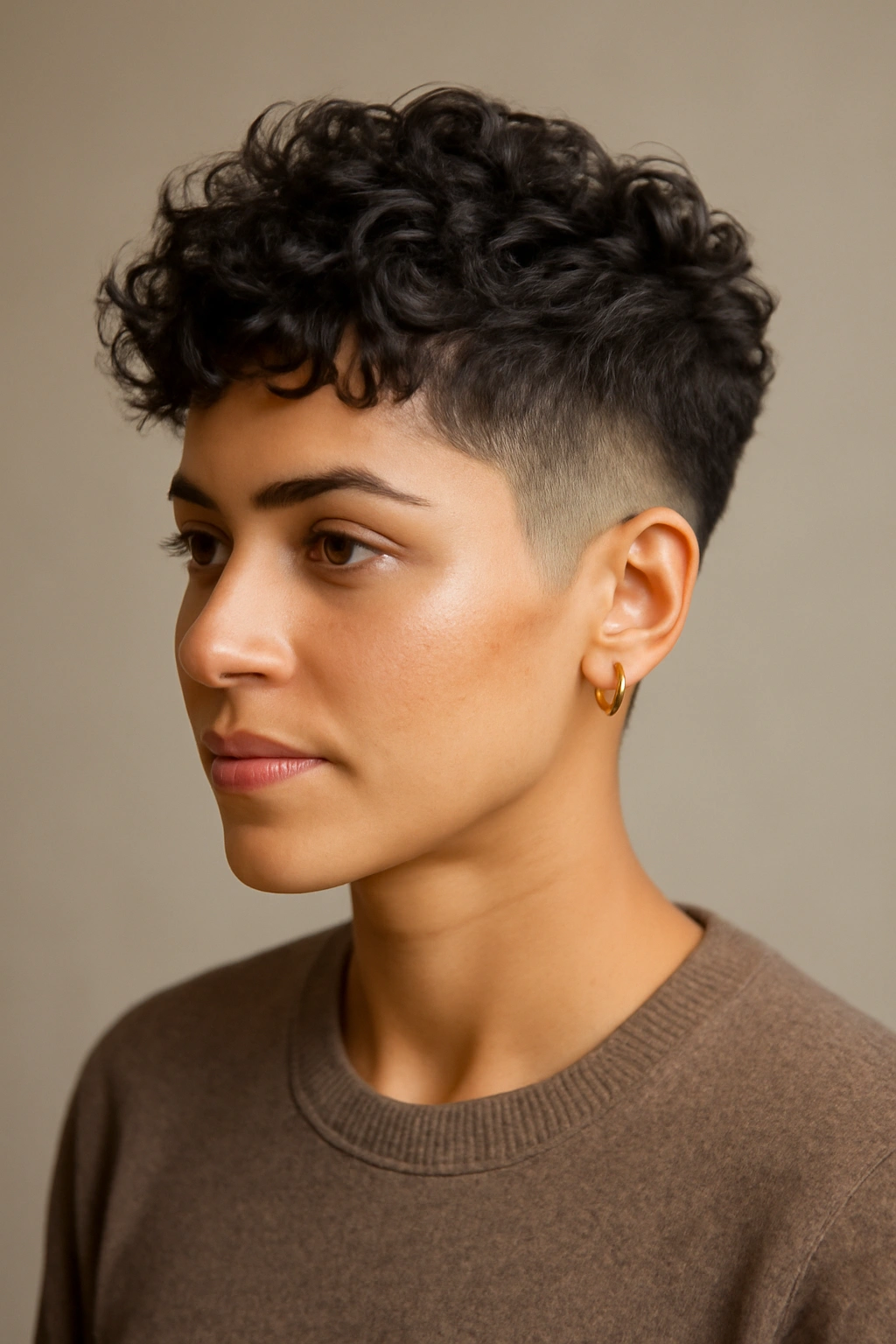 12 Short Haircuts Latina Women Are Asking For Now 1 Close up of Latina woman with textured pixie crop showing voluminous curls and faded sides