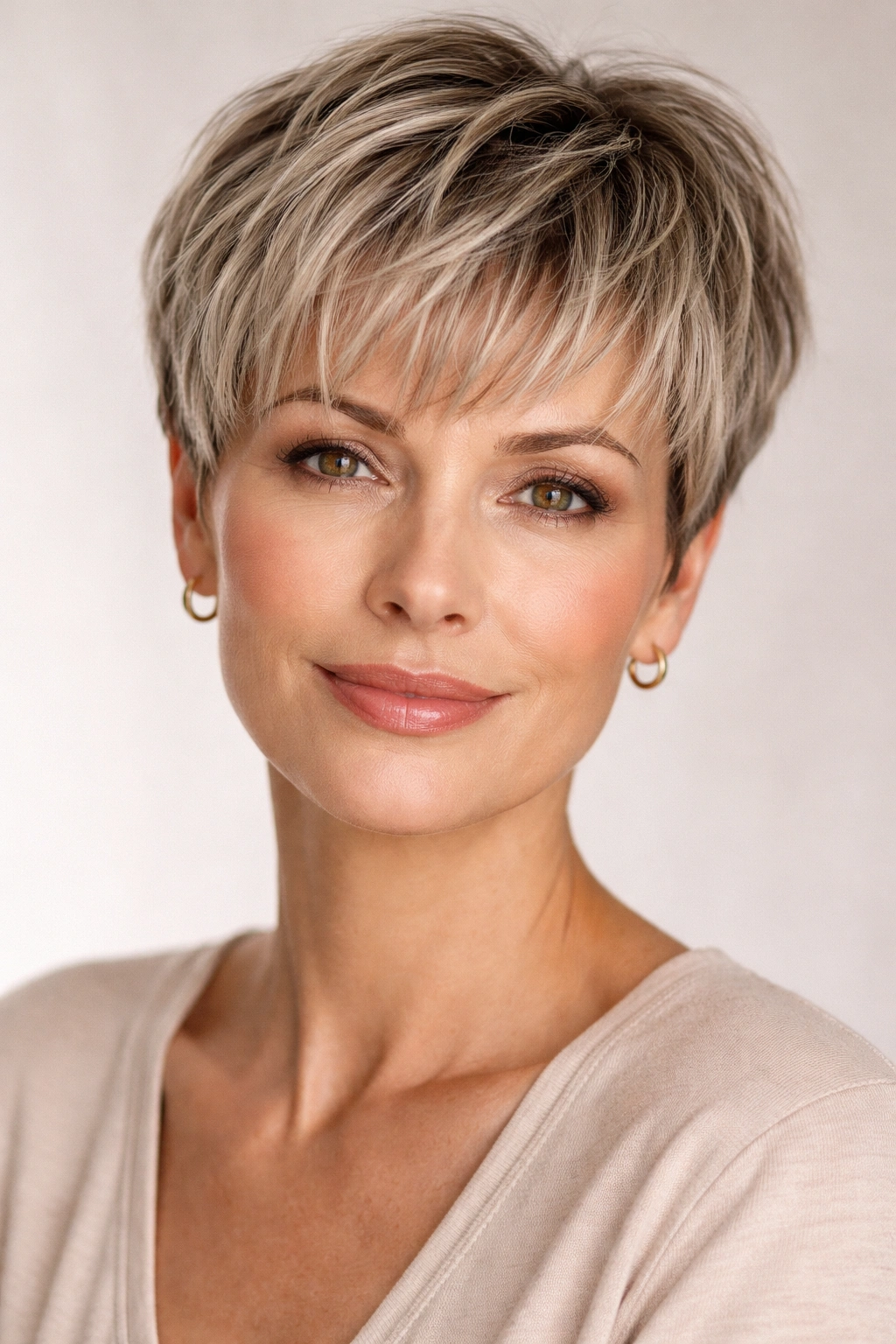Close-up of a cropped pixie with textured bangs above the eyebrows.