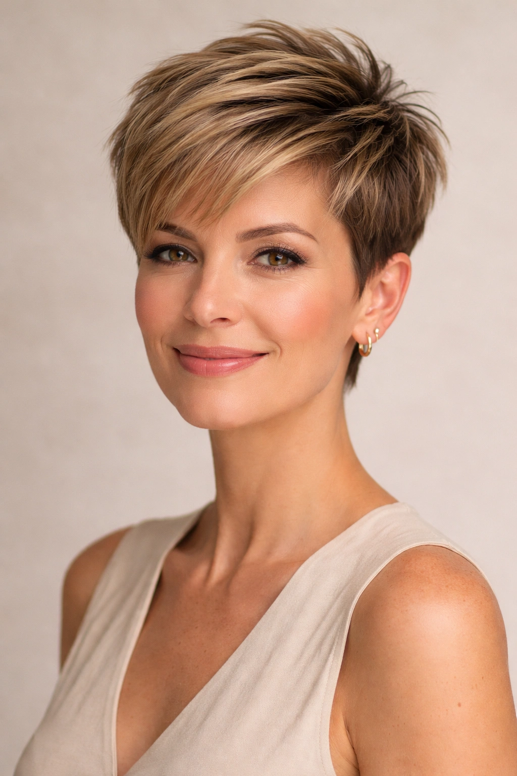 Portrait of a person with a pixie cut featuring a longer crown on top.