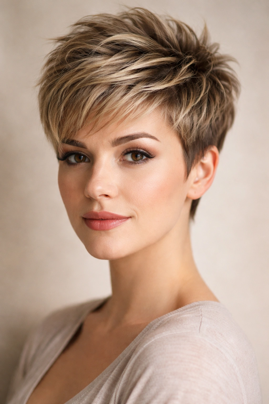 12 Haircuts For Round Faces And Double Chins 4 Close-up of a short textured pixie with high crown height