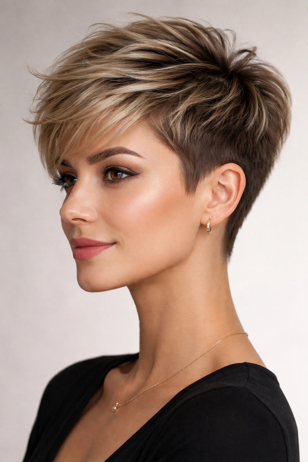Pixie with longer top layers and very short sides, crown volume.