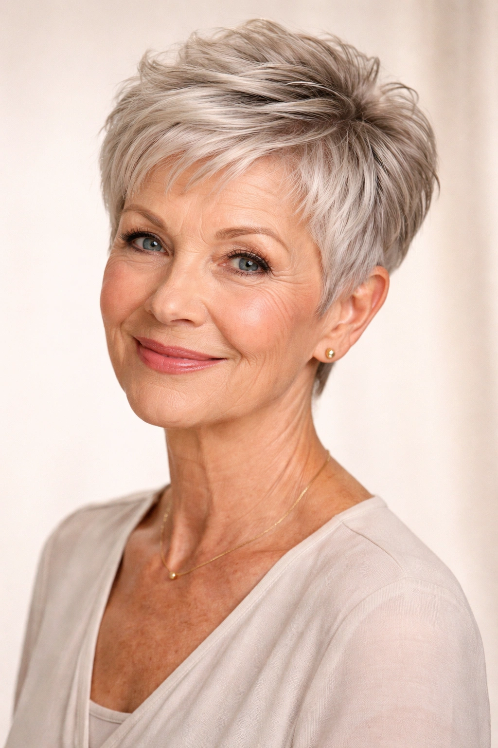 Close-up portrait of a mature woman with cropped pixie and defined crown