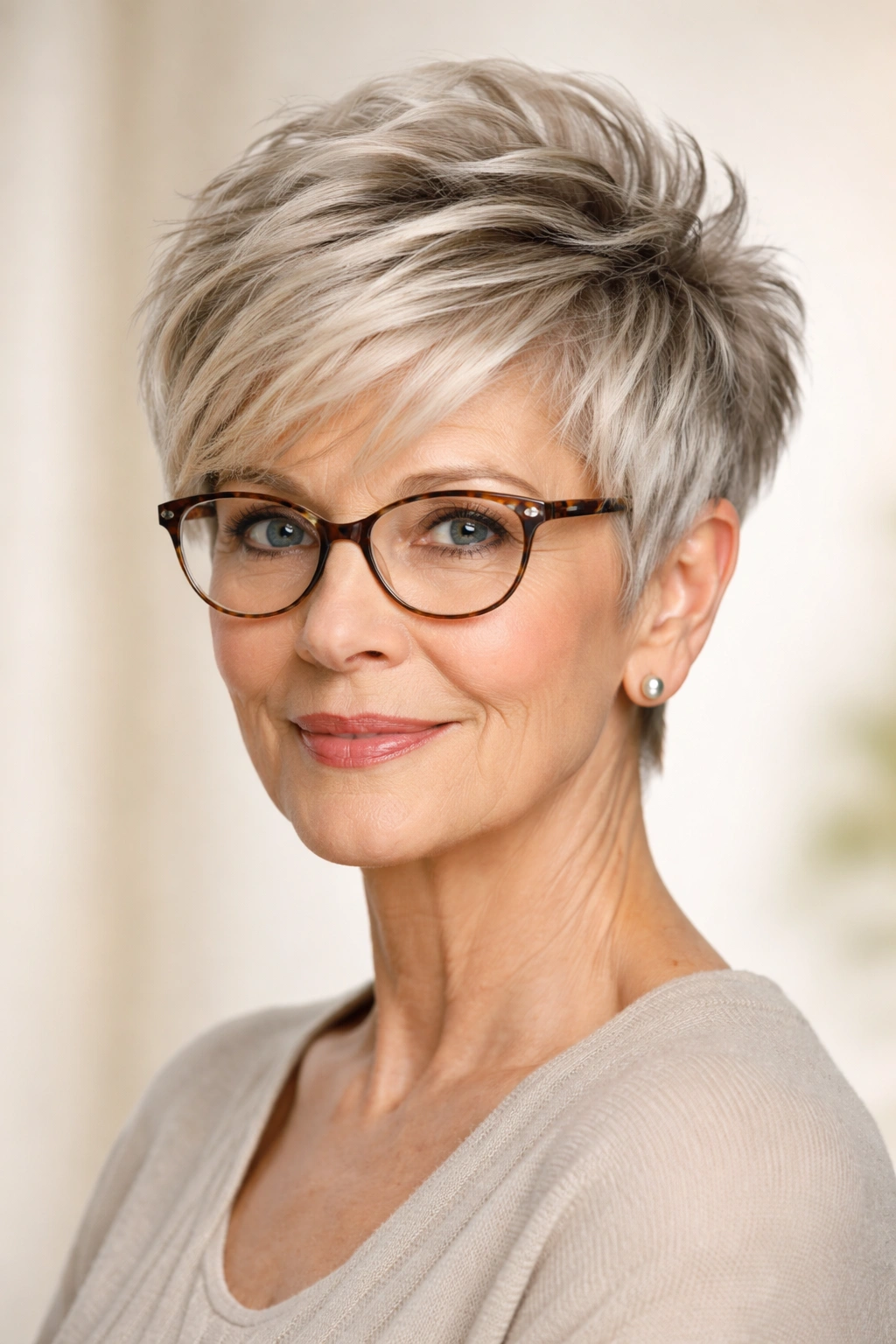 Close-up portrait of a woman with a pixie cut featuring a voluminous crown