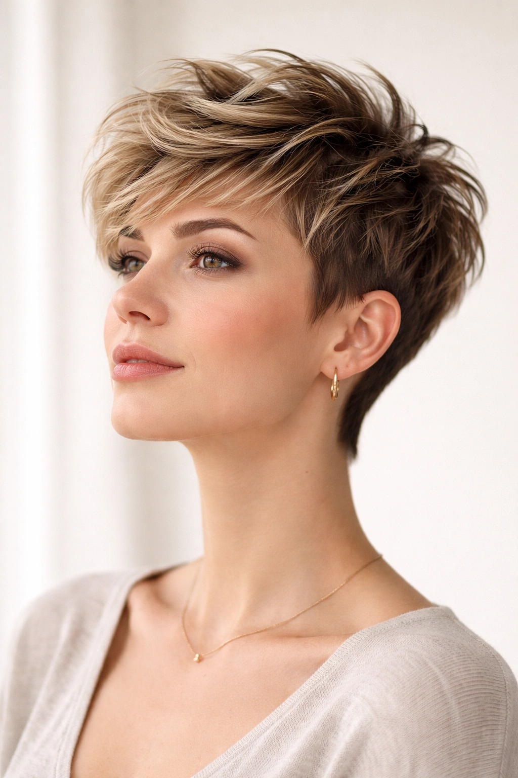 Portrait of a model with crown-volume textured pixie showing height and waves
