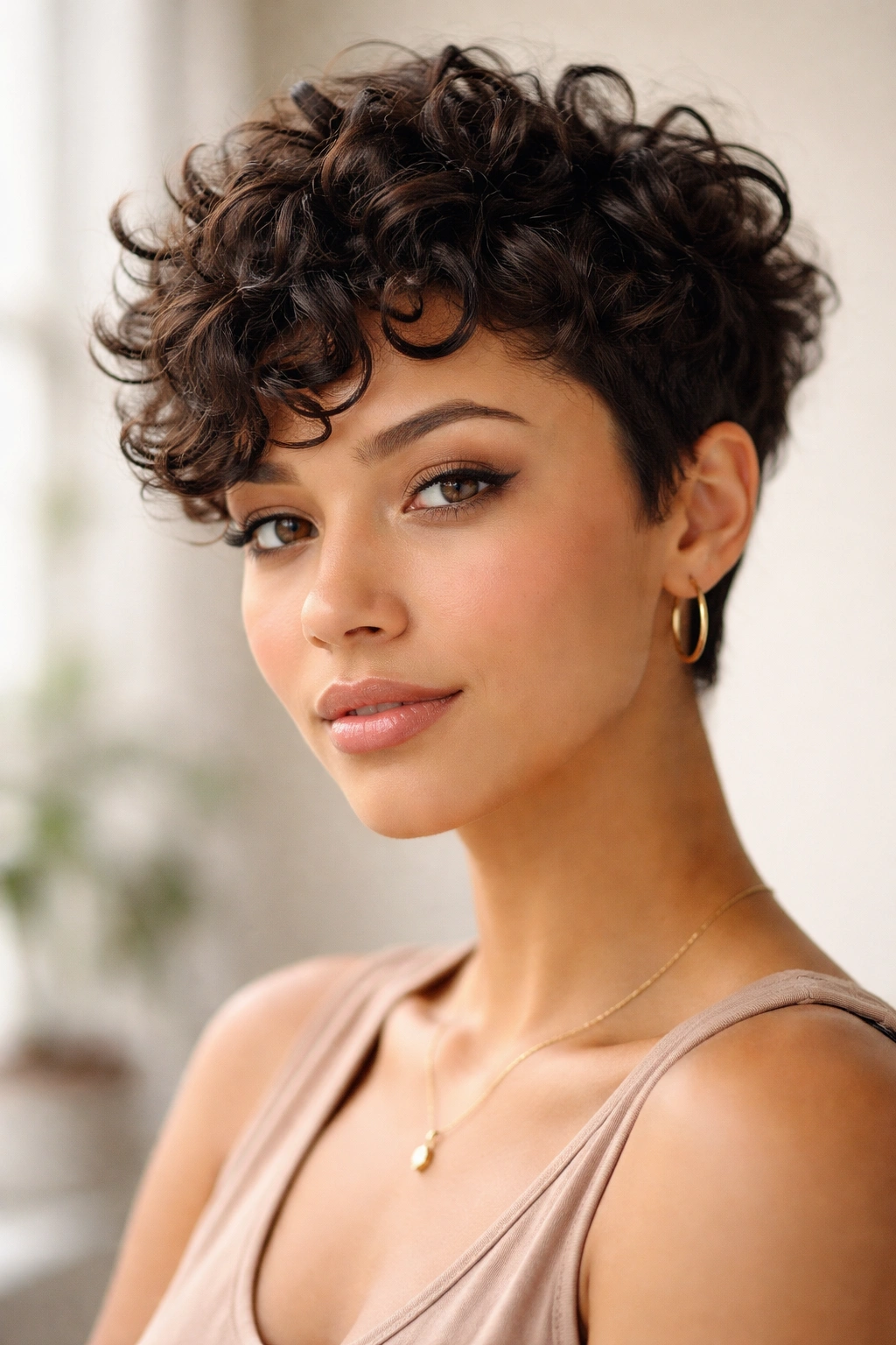 12 Short Curly Looks Suited To Every Curl Type 2 Portrait of a person with a short textured pixie curl and layered definition
