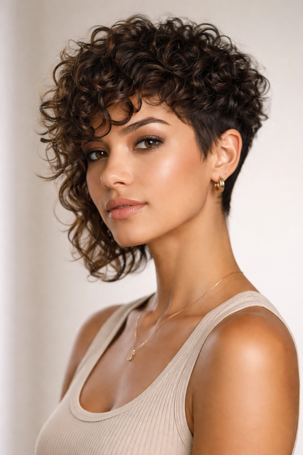 Close-up of a textured pixie cut with curl definition and jawline face framing