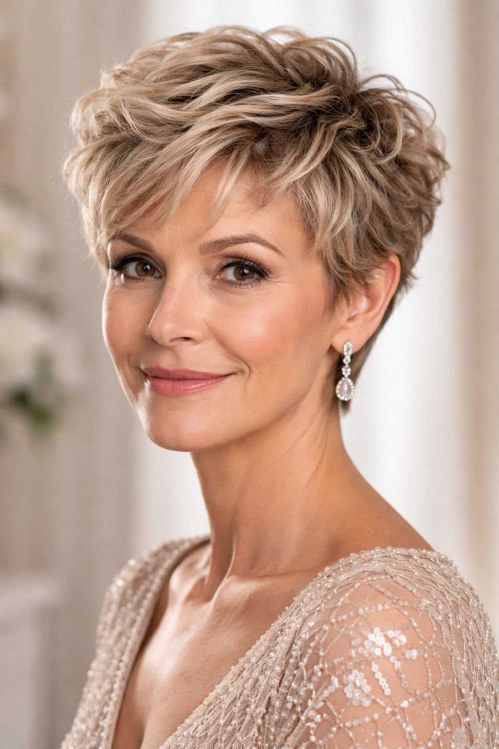 Close-up of a textured pixie with soft romantic curls