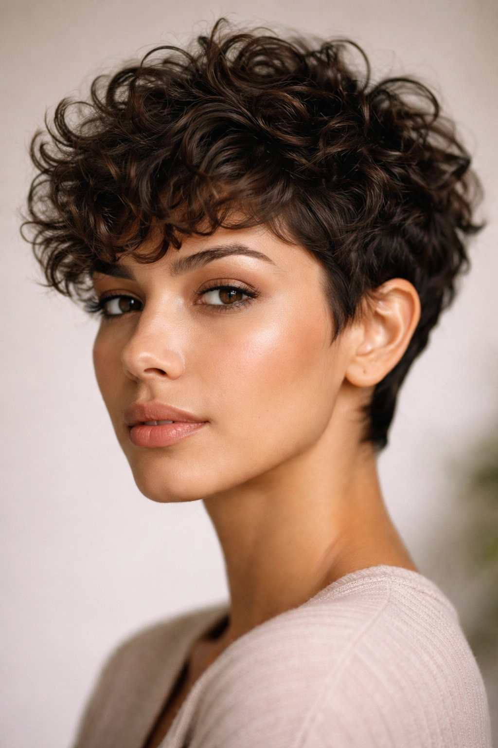 Close-up portrait of a person with a curly pixie cut showcasing textured curls