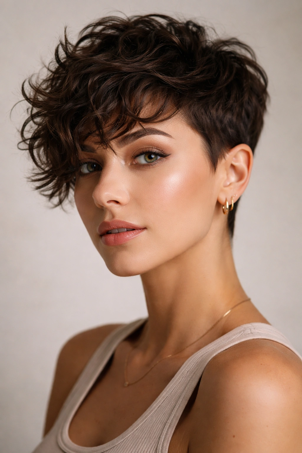 12 Short Haircuts With Curly Bangs You Ll Love 1 Close-up of a pixie cut with swept curly bangs, cropped sides, textured top