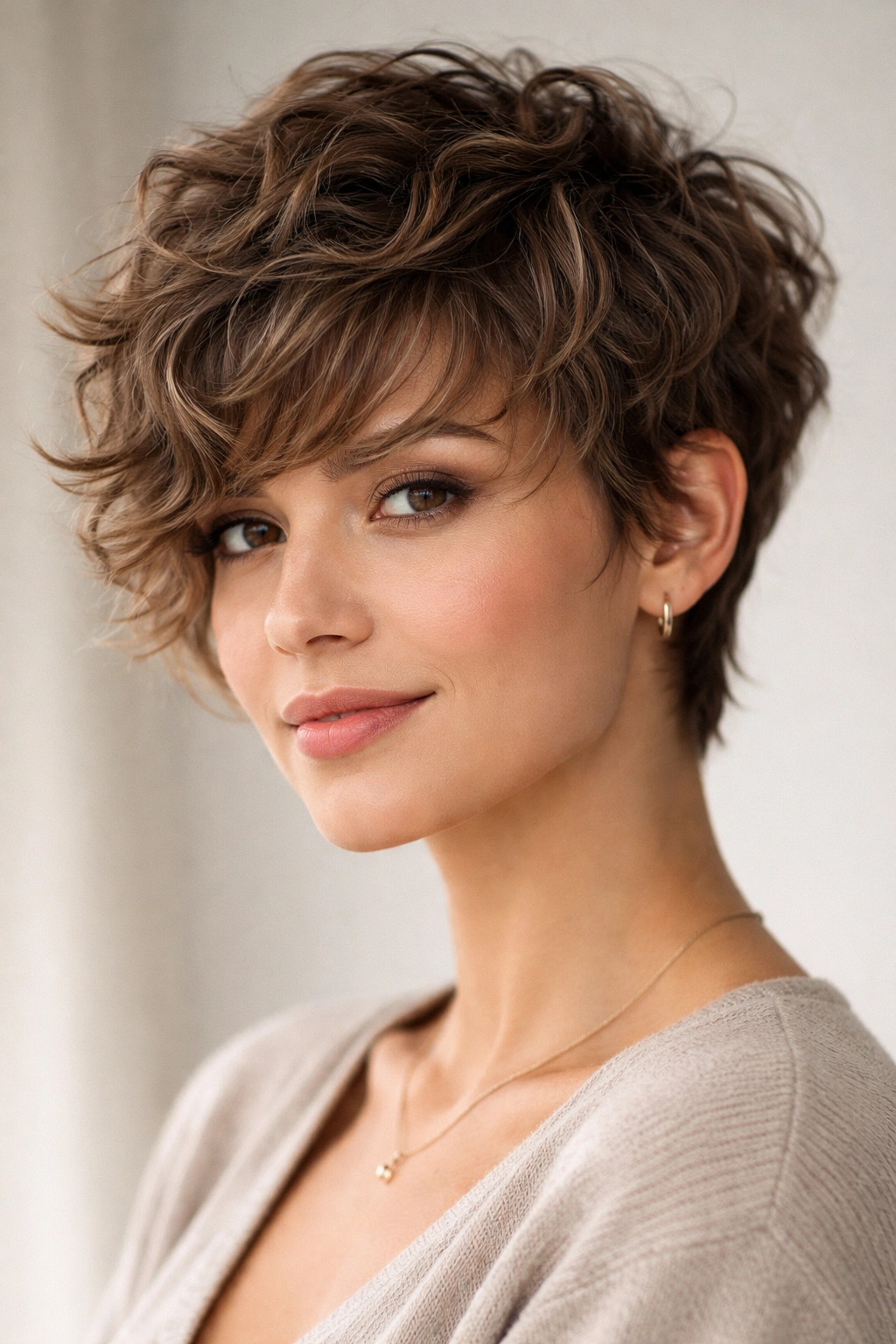 12 Short Curly Cuts With Face Framing Layers 1 Close-up of a curly pixie with textured layers framing the face