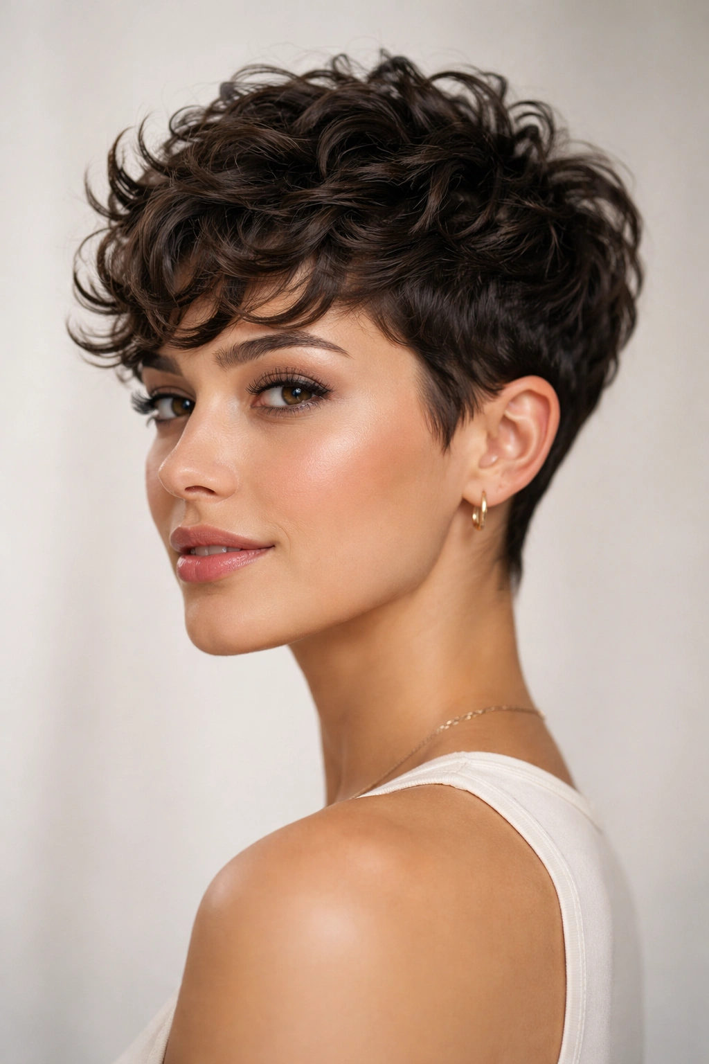 Close-up of a textured pixie haircut with curly curls, short sides and layered top