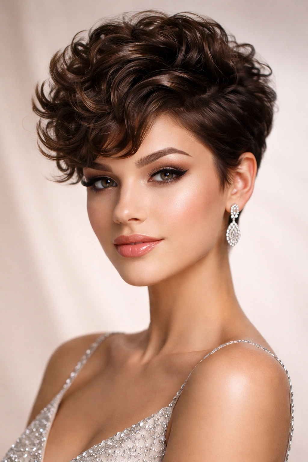 Close-up of voluminous curled pixie with glossy shine