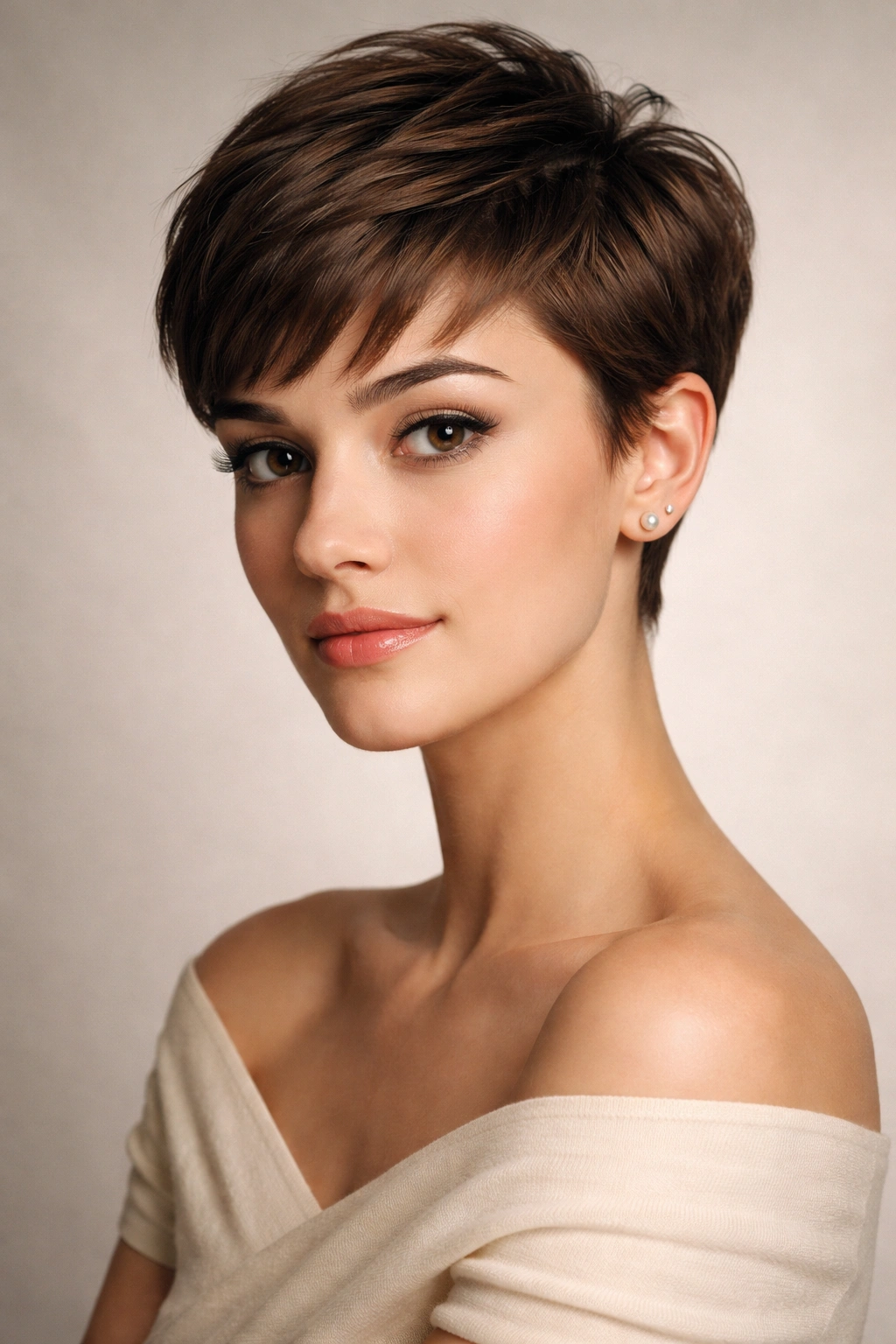 Close-up of a woman with a short pixie cut and soft fringe