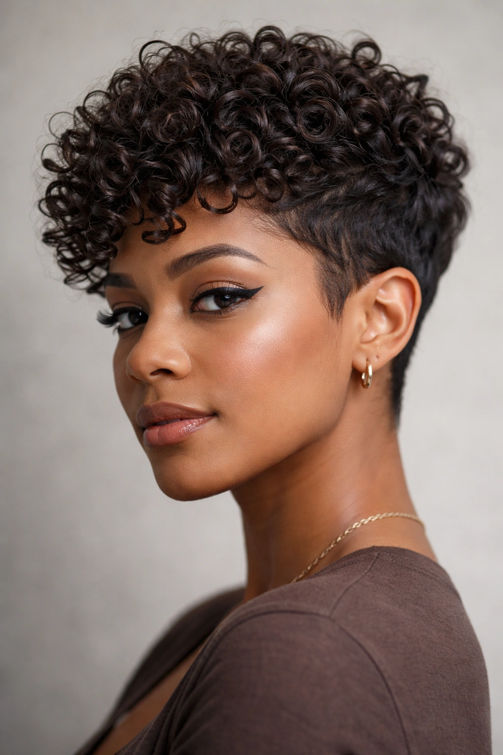 Close-up portrait of a person with a textured pixie cut showing defined 3C curls.