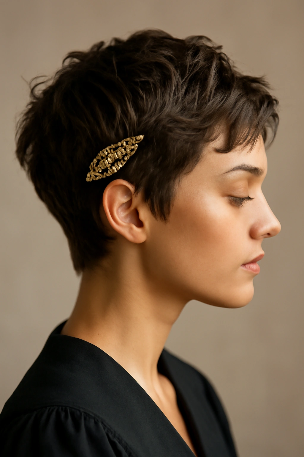 10 Graduation Day Hairstyles for Short-Haired Women 2 Close-up of textured pixie with strategic accessories like a comb and clip.
