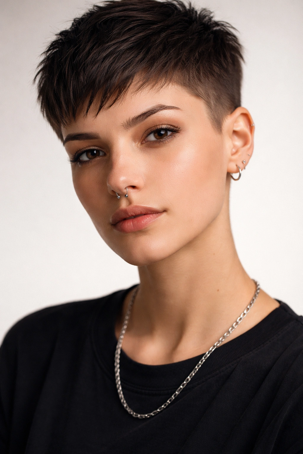 10 Queer Short Haircuts That Make A Statement 2 Close-up portrait of a person with a short all-over pixie cut.