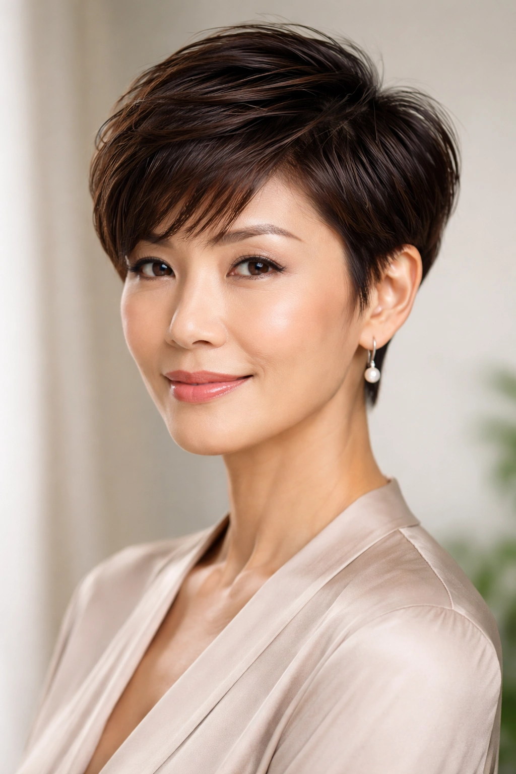 Close-up of an Asian woman over 50 with a sleek pixie cut, sides cropped and top length 1-2 inches