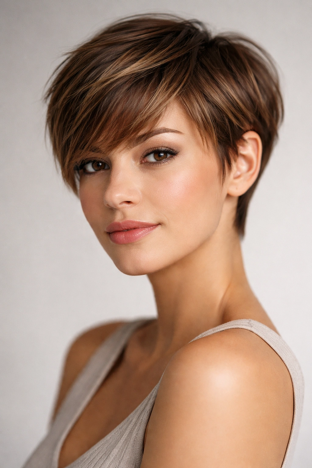 18 Pixie Cuts With Bangs For Any Face Shape 19 Photorealistic portrait of a person with a pixie cut and bangs, highlighting facial balance and hair texture