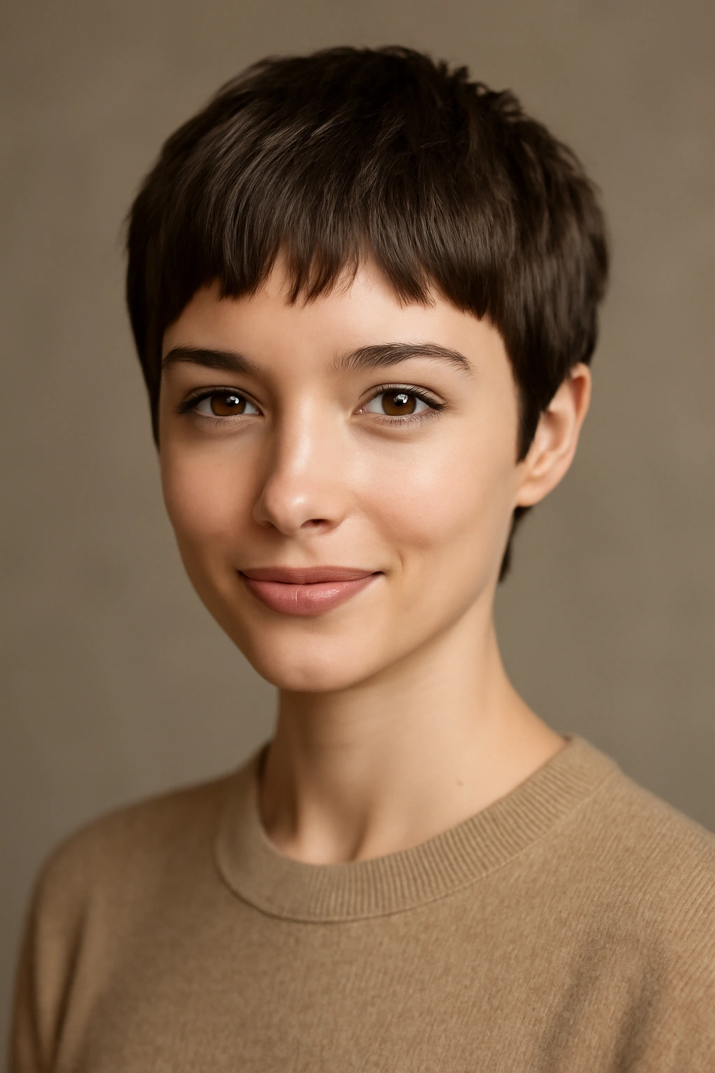 Pixie cut with bangs on a woman, polished and playful