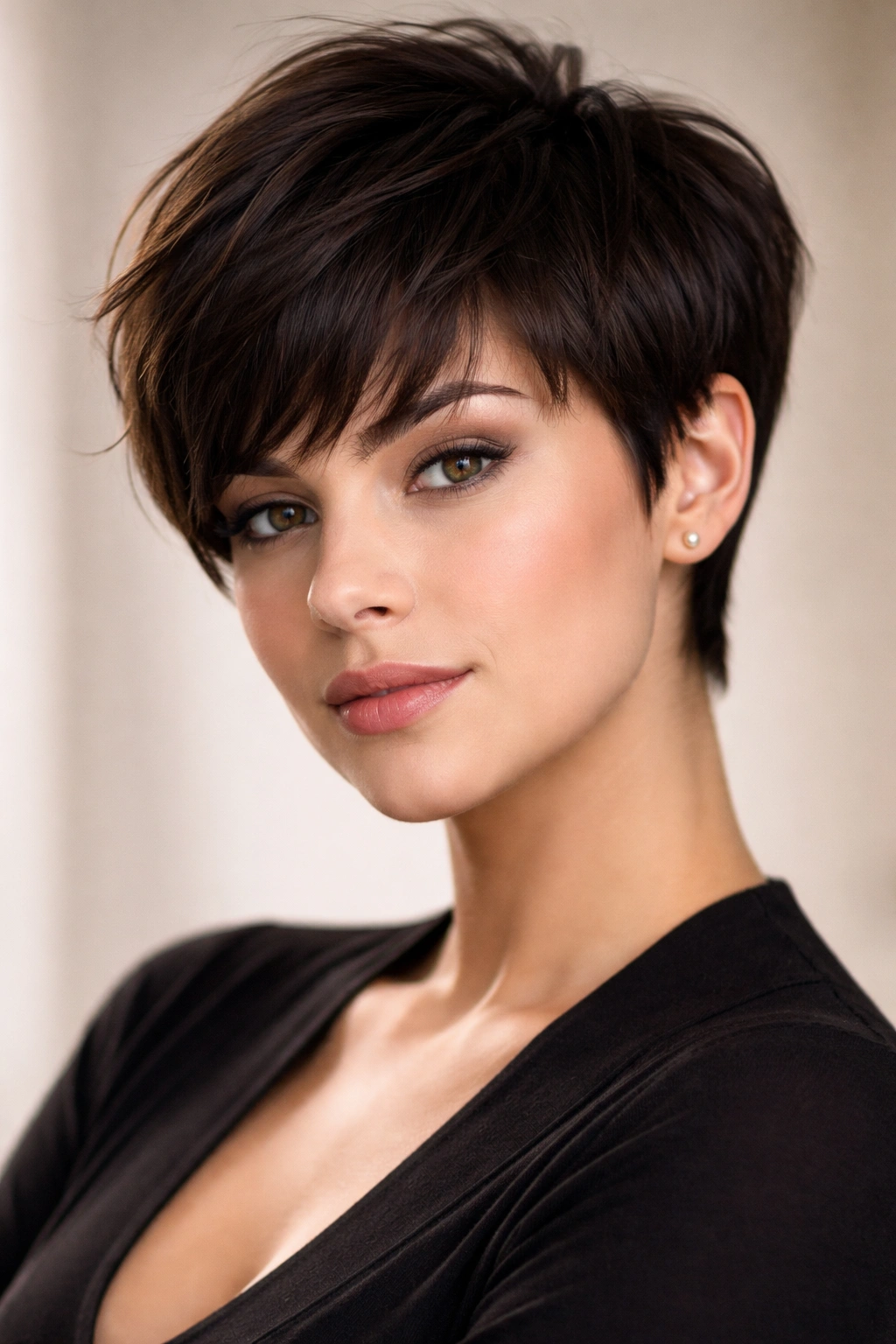 Close-up portrait of a person with a bold pixie cut and bangs emphasizing face-framing angles