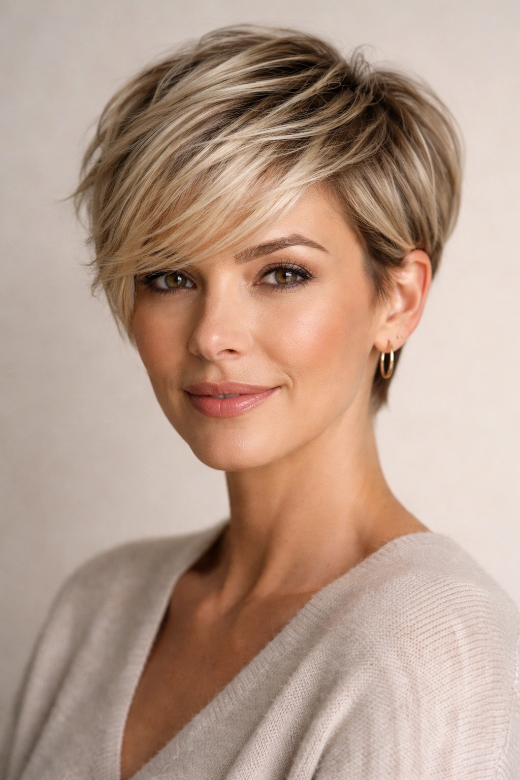 15 Pixie Hairstyles That Shine On Women Over 40 13 Close-up of a blonde pixie with dimensional color and highlights