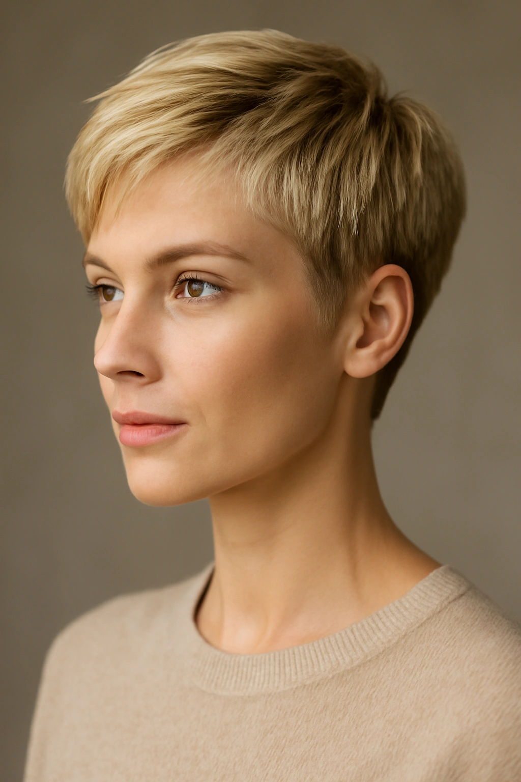 15 Short Blonde Haircuts to Bring to Your Next Appointment 1 Close-up of a blonde model with a classic pixie cut showing short sides and textured top