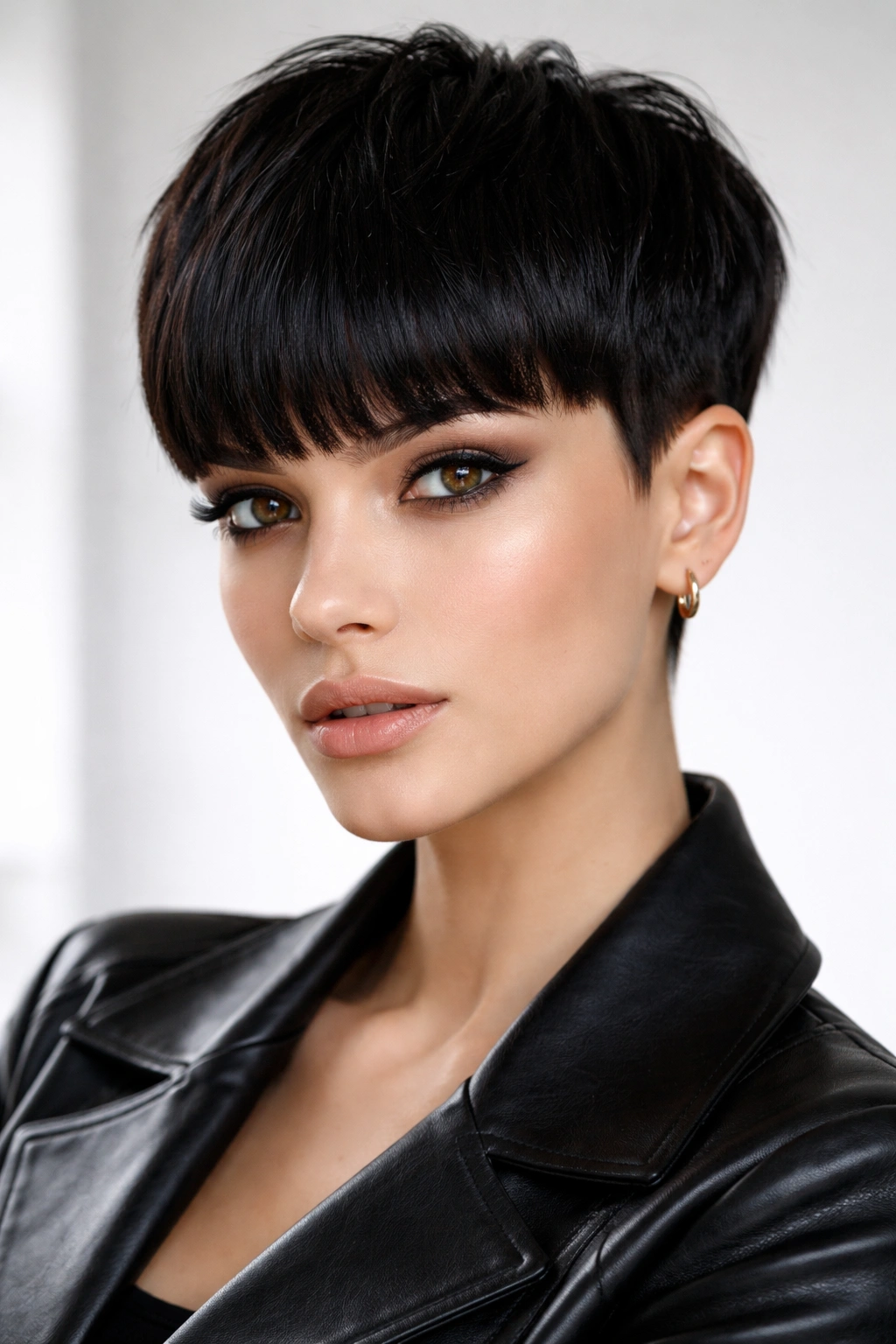 Close-up of a model with a pixie cut and thick blunt bangs highlighting bold angles