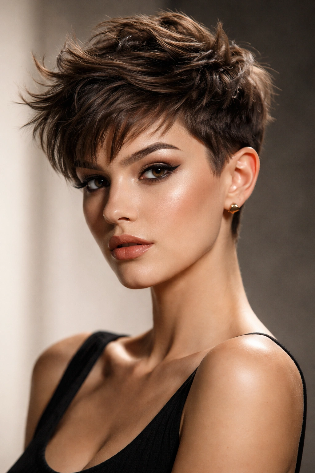 Close-up of model with bold pixie cut emphasizing cheekbones.