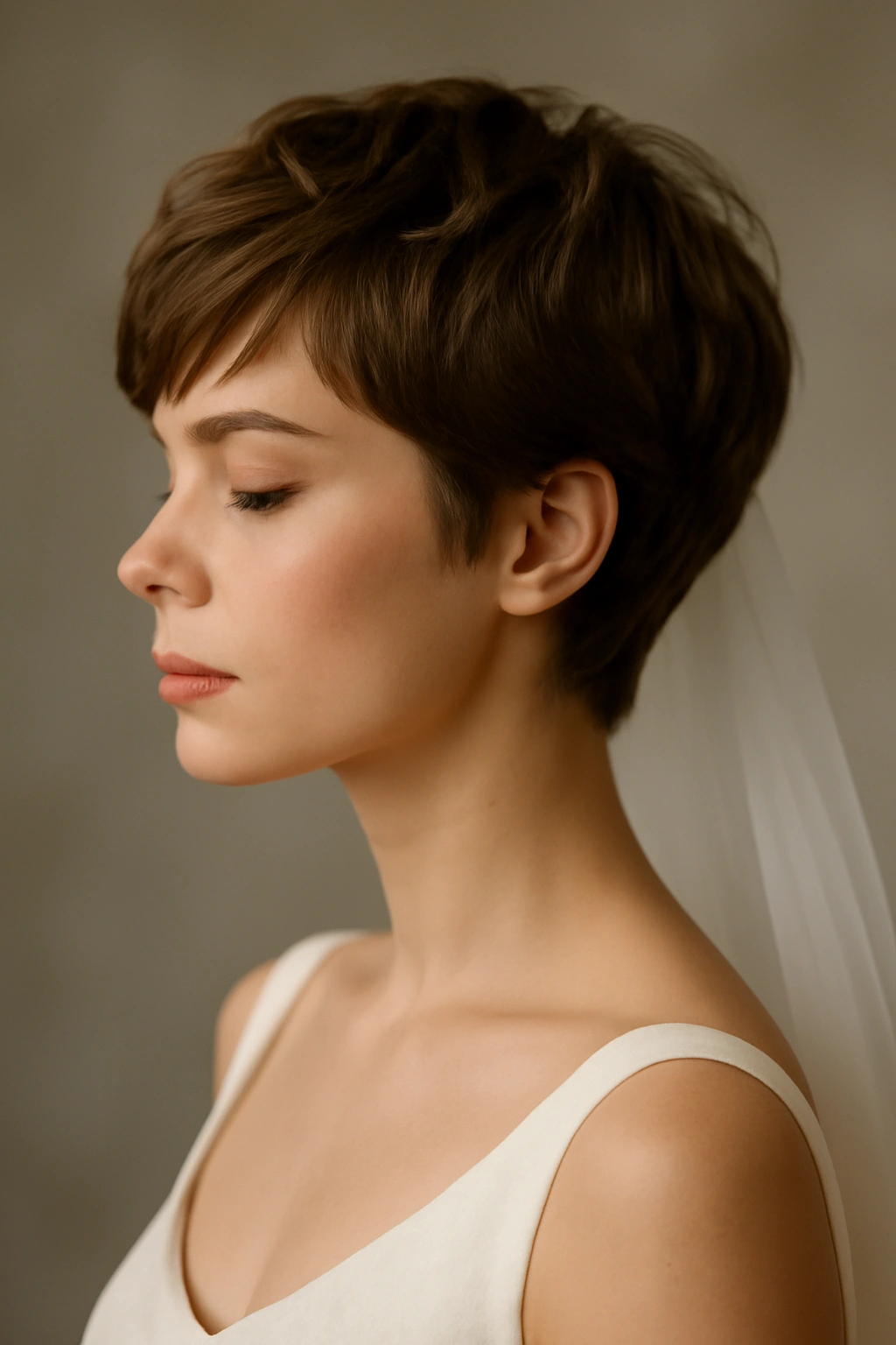 Close-up portrait of a bride with a modern pixie cut featuring soft texture and subtle waves