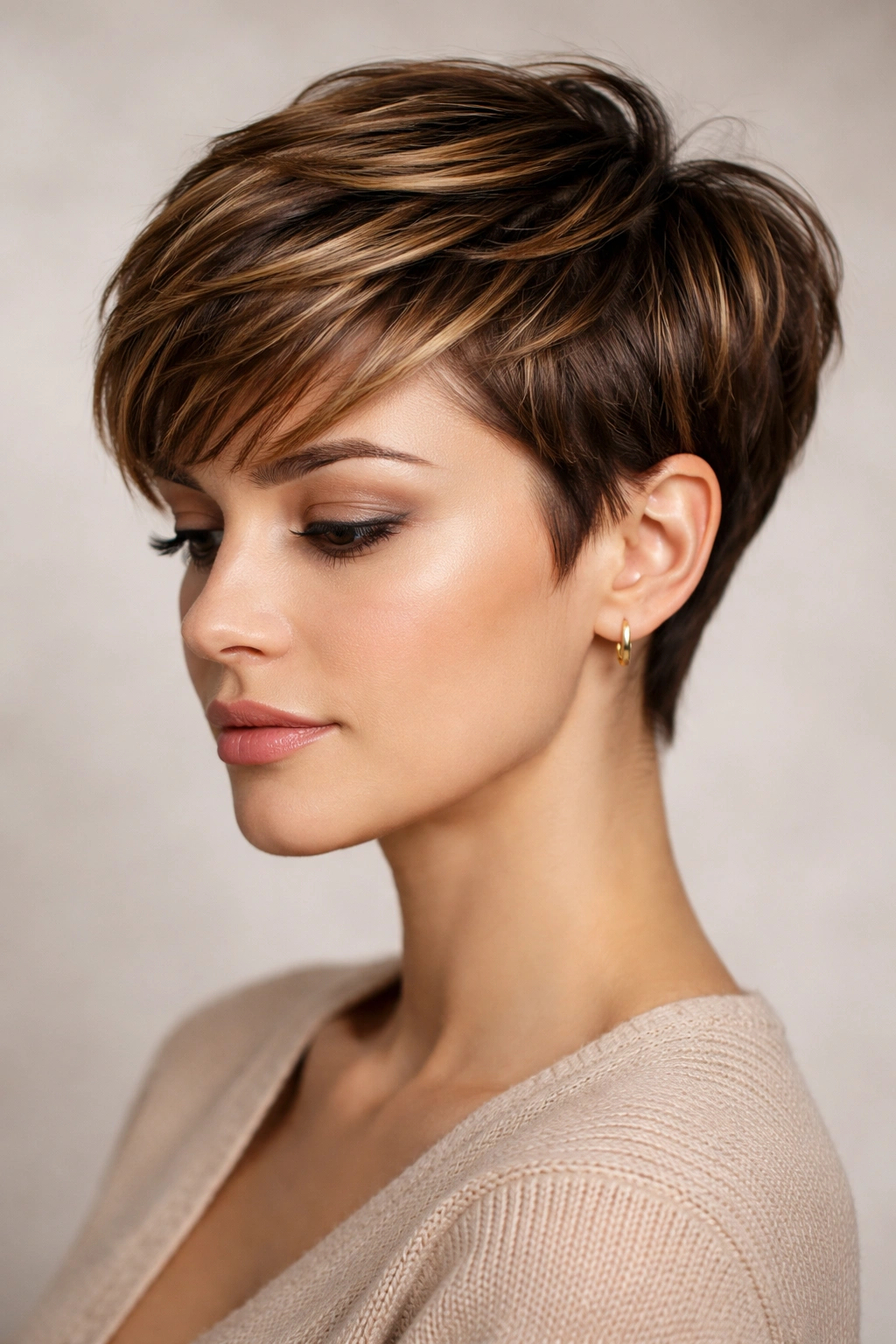Close-up of classic pixie cut with caramel highlights showing warm dimension