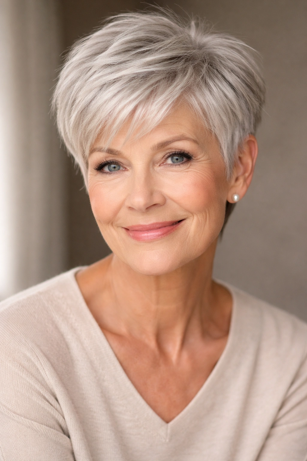 Older woman with classic pixie cut in studio portrait.