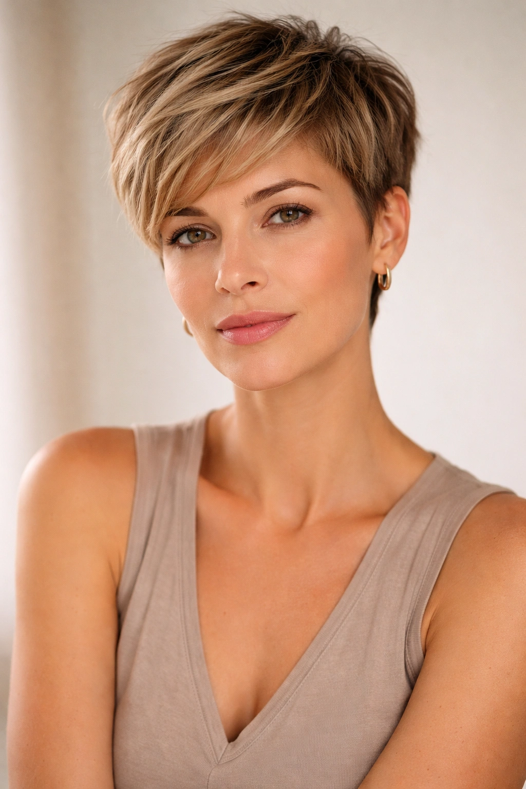 Contemplative portrait of a woman with a pixie cut conveying confidence