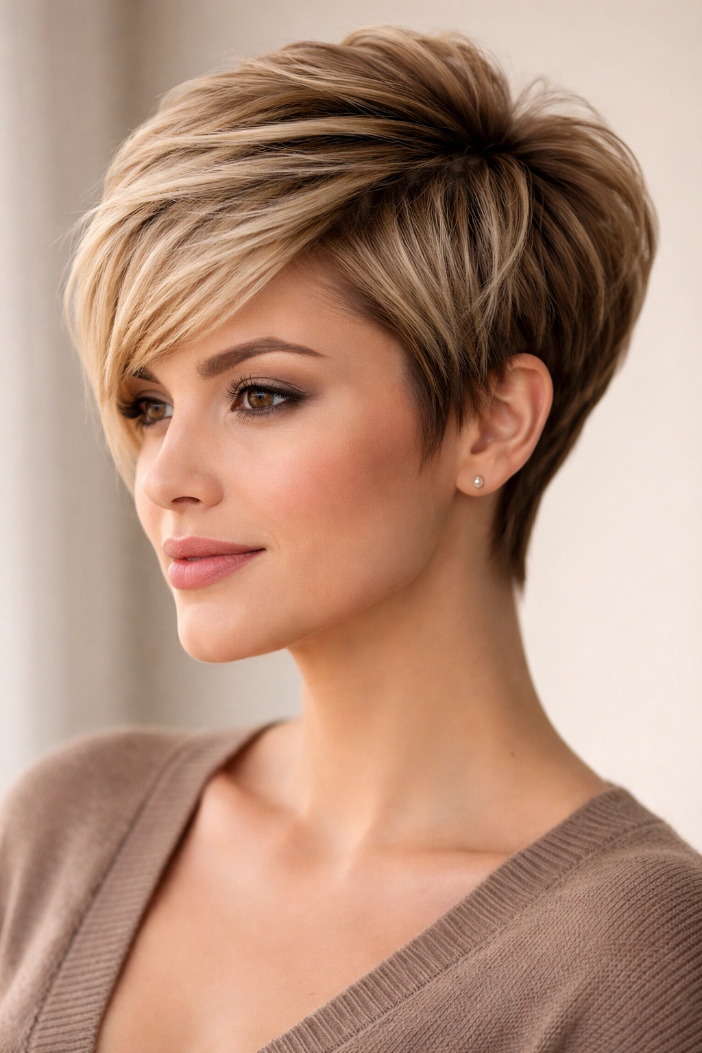 Pixie cut with crown volume and longer sides framing cheekbones.