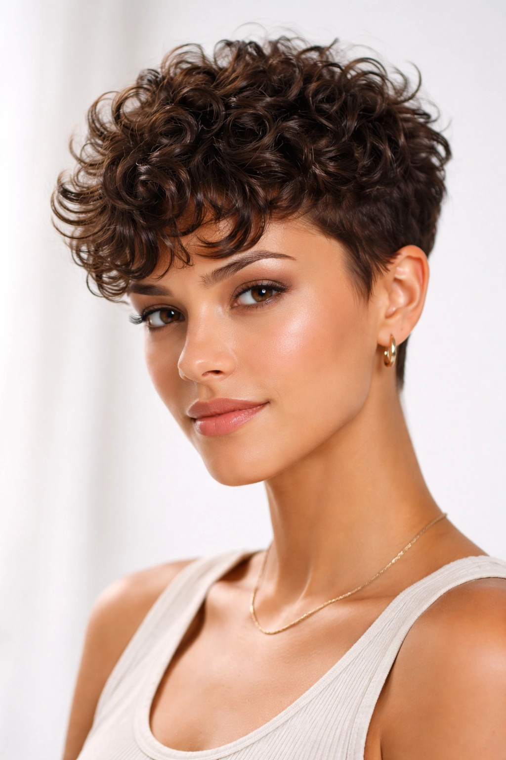 Close-up of textured pixie cut with short sides and longer top showing curl texture
